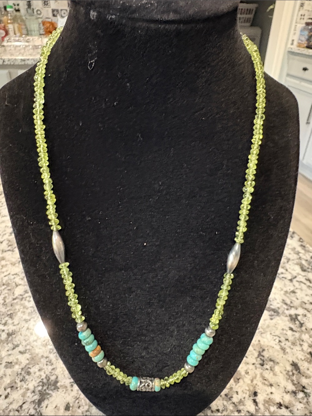 Peridot Beaded Necklace with Turquoise Accent Beads genuine stones.